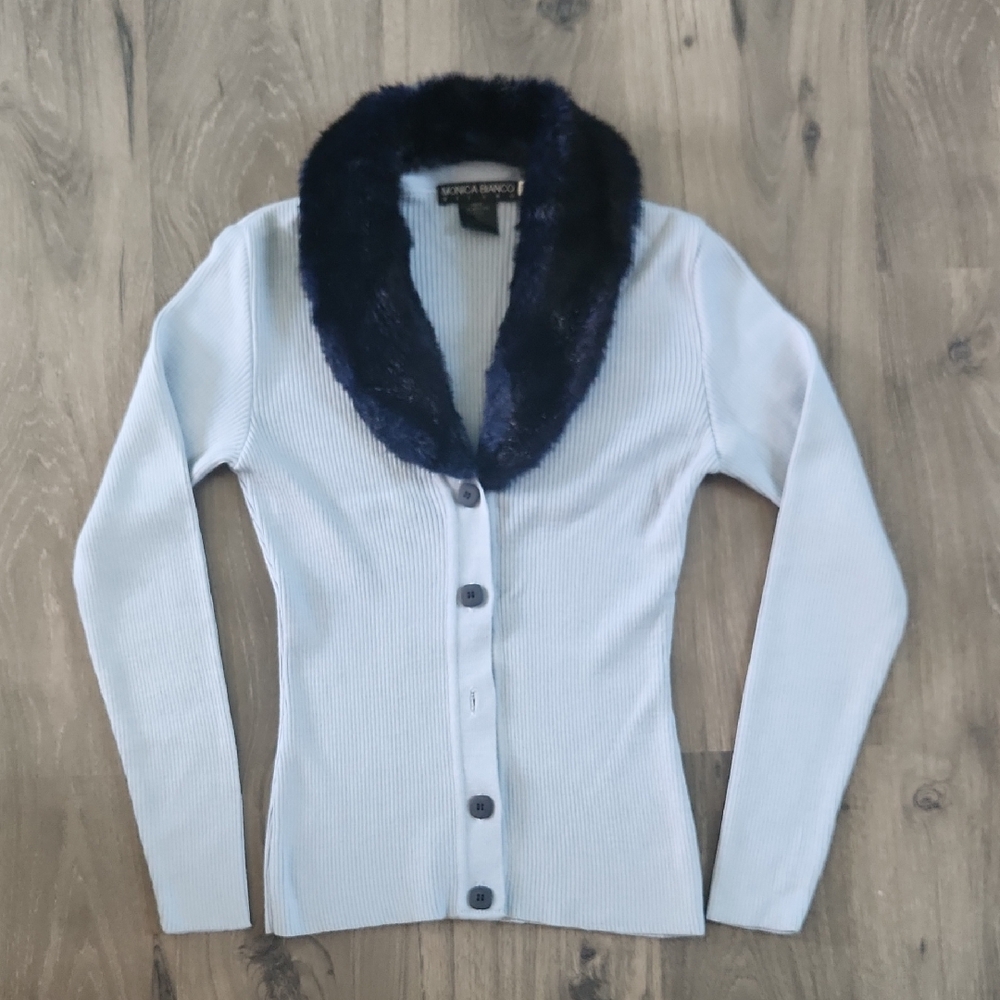 Vintage 90's Monica Bianco Milano Faux Fur Shawl Collar Cardigan